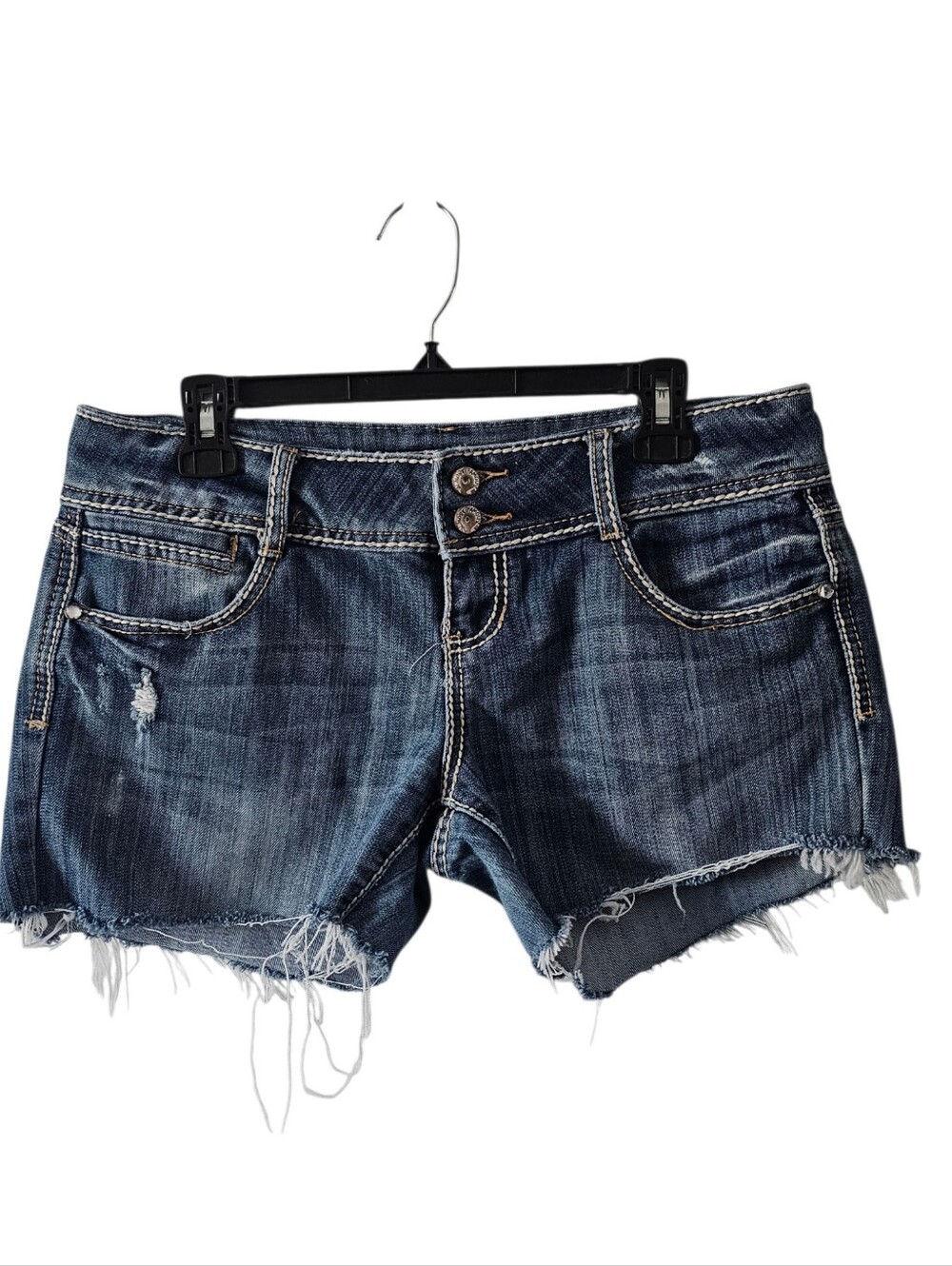 Almost Famous Jean Shorts Size 11 Y2K Grunge Thick Stitch Low Rise Frayed Cutoff